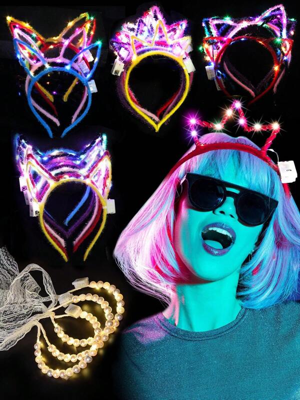 4pcs/Set LED Luminous Crown, Pearl, Rabbit Ear, Horn, Cat Ear Headbands For Women Neon Party, Carnival, Birthday, Christmas Gift