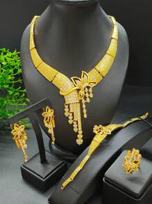 4 件奢华花朵设计全水钻 24k 镀金女士珠宝套装包括项链、手链、耳环和戒指，适用于婚礼、派对、周年纪念、生日、母亲节、情人节礼物等。情人节 - 金黃色 - 查看 6