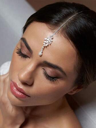 1 件新娘珍珠发链，带波西米亚风格水钻装饰和额头吊坠，优雅金色头饰