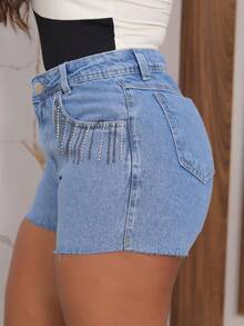 Women Denim Shorts - 中等水洗藍 - 查看 7