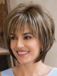 10inch Short Brown Synthetic Fiber Bob Style Wig With Side Swept Bangs For Women's Daily Use - Multicolor - View 1
