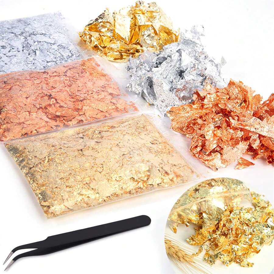 4 件裝金屬箔膠帶鑷子和 3 件箔紙(金/銅/銀)適用於美甲/化妝/繪畫/diy 工藝品和家居裝飾 - 彩色 - 查看 1