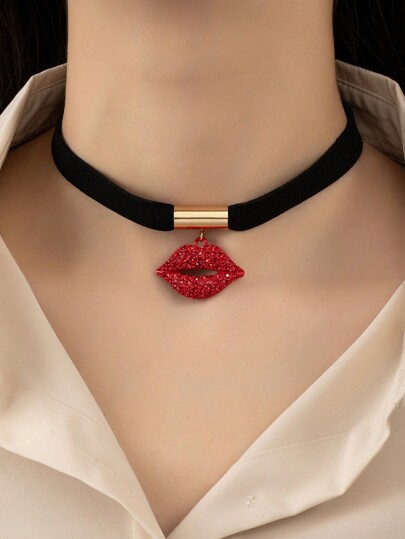 1pc V-Shaped Multi-Color Fashionable Necklace With Stunning Star & Petal & Rhinestone Decor, Lip Shaped Pendant, Black Flower & Alloy Necklace For Daily Wear