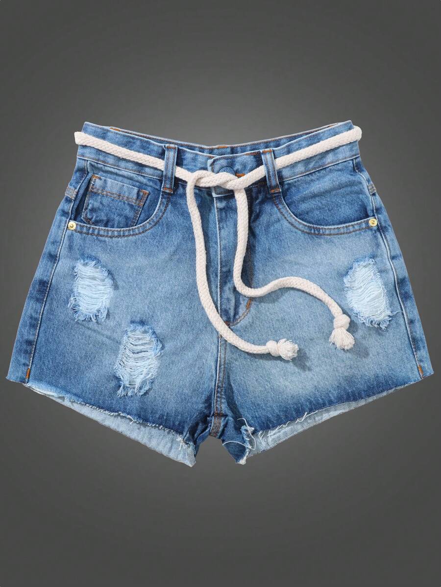 Women Denim Shorts - 中等水洗藍 - 查看 1