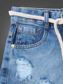 Women Denim Shorts - 中等水洗藍 - 查看 5