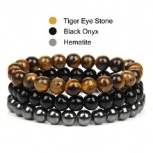 3入/套8mm天然石彈力珠靈石手環組合,包含玫瑰若石、玫瑰水晶、紫晶、黑曜石、赤鐵礦,用於瑜伽、冥想和放鬆 - 彩色 - 查看 15