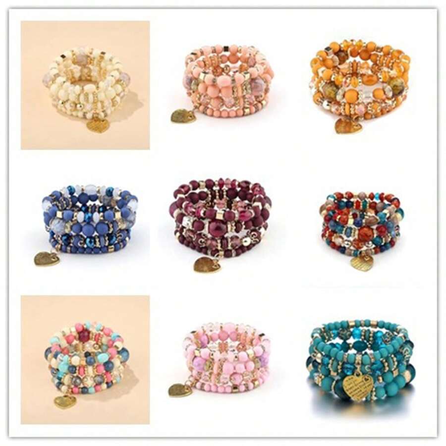 Vòng tay đính cườm trái tim pha lê nhiều lớp theo phong cách Bohemian châu Âu và Mỹ dành cho nữ - Đỏ - Xem 1