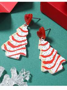 1pair Acrylic Christmas Tree Shaped Candy Decor Dangle Earrings And Heart Shaped Stud Earrings With Sparkle Dust - Red - View 4