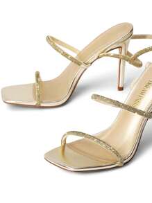 Women Stiletto Heeled Strappy Sandals, Rhinestone Decor Tie Leg Design Sandals, Glamorous Party Heeled Sandals For Summer Spring Wearing - 香檳色 - 查看 2