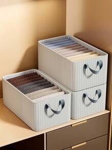 1pc Light Grey Striped Storage Basket Made Of Oxford Cloth With Reinforced Steel Frame, Foldable And Suitable For Wardrobe Storage - Light Grey - View 6