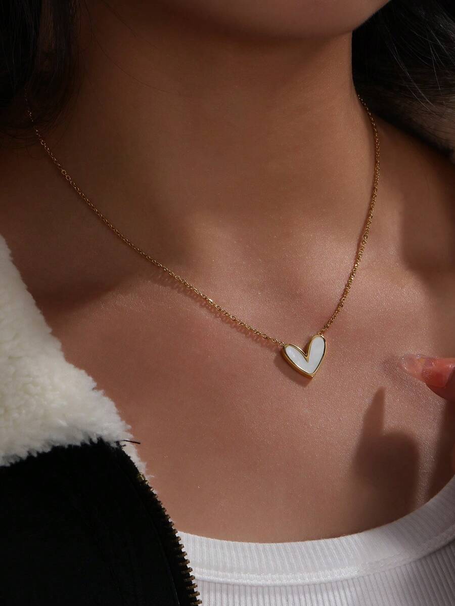 1入組極簡個性化戀愛心形嵌貝殼裝飾項鍊,不鏽鋼材質-適用於情人節禮物和女性日常佩戴 - 彩色 - 查看 1