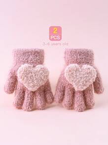 1對兒童粉色毛絨愛心五指手套 - 粉色 - 查看 1