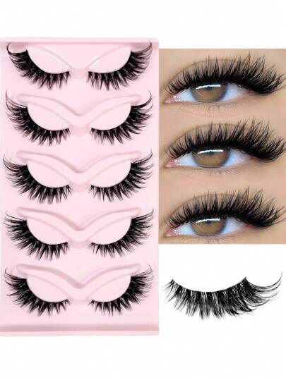 New Cat Eye Eyelashes 3D Natural Transparent Band False Lashes Fluffy Soft Cross 5 Pairs Manga Lashes Wispy Natural Eyelash Extension Makeup Strip Lashes,Lashes,Eyelashes,Fake Lashes
