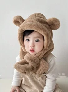 1入組帶有熊耳設計的兒童圍巾和帽子套裝 - 咖啡棕 - 查看 1