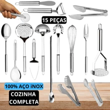 Kit 15 Utensílios Cozinha Completa 100% Aço Inox Multiuso Linha Premium Pegadores Colheres Descascadores - Prata - Visão 2