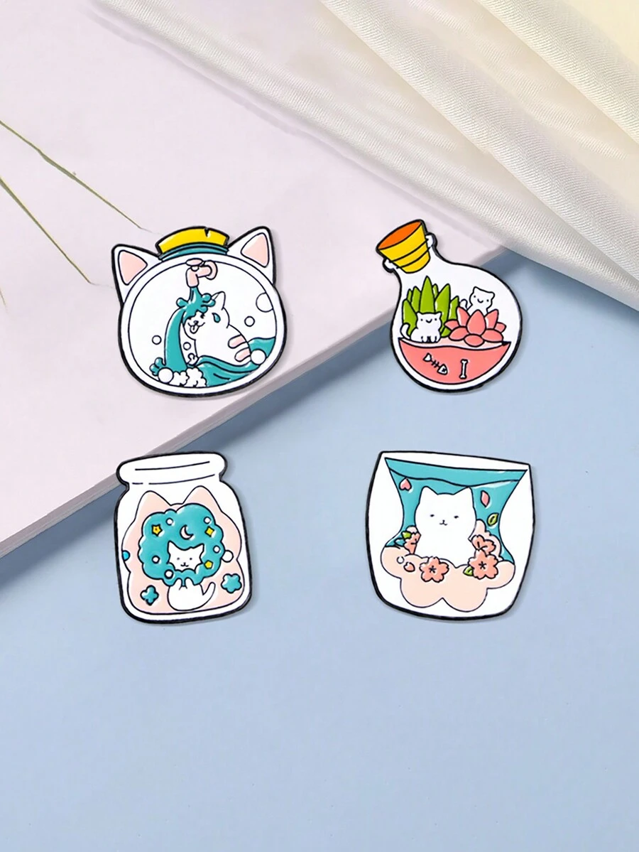 1 Miếng Dễ thương Mèo Ly Chai Thiết kế Men răng Kim băng Trâm cài , Thích hợp Đối với phụ nữ Mặc hàng ngày Quần áo Phụ kiện - Mèo và hoa - Xem 1