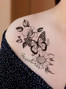 1張防水耐用臨時紋身貼紙,帶有黑白蝴蝶、向日葵、玫瑰和牡丹紋理,男女適用(手臂、腿) - 黑色 - 查看 1