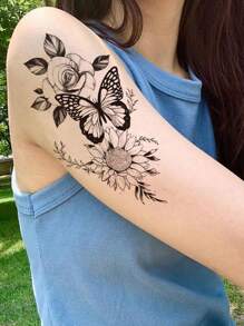 1張防水耐用臨時紋身貼紙,帶有黑白蝴蝶、向日葵、玫瑰和牡丹紋理,男女適用(手臂、腿) - 黑色 - 查看 2