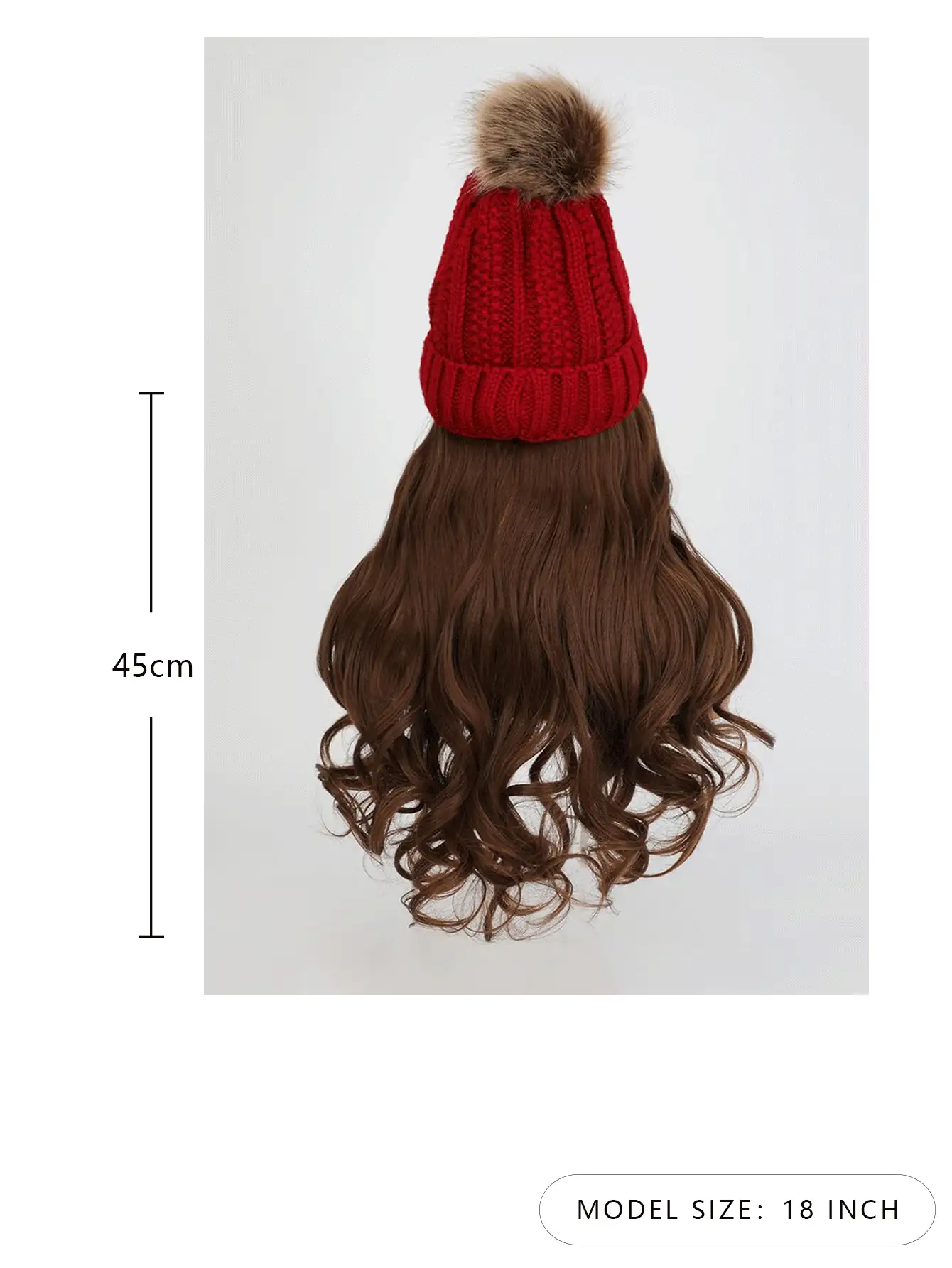 紅色毛線帽,搭配毛球大波浪帽假髮保暖冬季18英寸淺棕色合成纖維,毛茸茸的自然合成假髮適合女性日常穿著,聖誕節禮物首選 - 棕色 - 查看 6