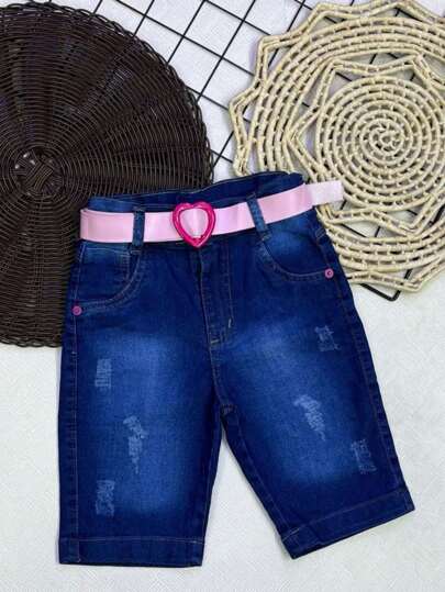 Short Jeans Infantil Menina Básico Modelo Pedal com Cinto Moda Verão