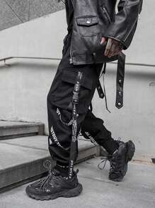 Hombres Pantalones Cargo Con Bolsillo Con Solapa De Cintura Con Cordón Jogger Casual Hombre Slimfit Pantalón Entubado Moda Hombres Pantalones De Hombre cargo de cintura con cordón - Negro - Ver 1