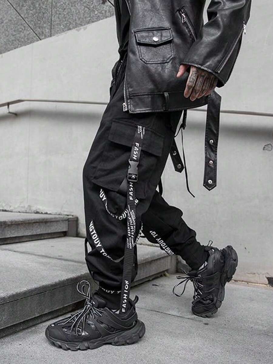 Hombres Pantalones Cargo Con Bolsillo Con Solapa De Cintura Con Cordón Jogger Casual Hombre Slimfit Pantalón Entubado Moda Hombres Pantalones De Hombre cargo de cintura con cordón - Negro - Ver 1