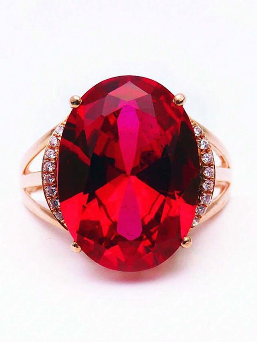 1入組玫瑰金色橢圓形大蛋紅寶石戒指,適合女性日常穿戴 - 玫瑰金 - 查看 1