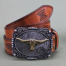 男女通用复古美式牛仔腰带，嘻哈潮流牛头别针个性化腰带 - 橘色 - 查看 2