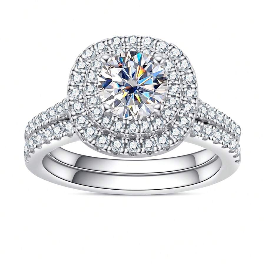 Bộ Nhẫn Đính Hôn Đá Quý Morganit Tròn 925 Sterling 1ct Dành Cho Nữ (1 Bộ/2 Chiếc) Cưới Cô Dâu Trang Sức Nhẫn Kim Cương Giả - trắng - Xem 1