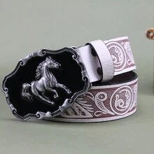Unisex Vintage American Style Hip Hop Flying Horse Design Denim Belt - White - View 3