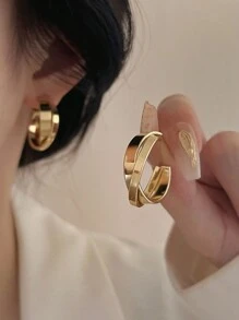 1 对法式简约金属十字交叉 C 形环状耳钉，适合女士 - 金色 - 查看 1