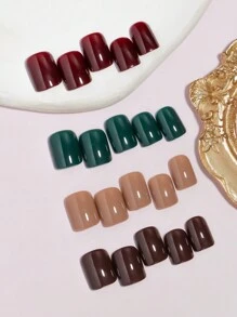 VV MEI JIA ER 96入組（櫻桃紅/深綠/棕色/裸色）四種單色光澤可穿戴美甲，可愛短方形假指甲，可脫式成品假指甲，可壓式貼紙指甲，配有收納盒作為女性和女孩子的新年禮物美甲用品供應