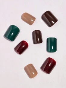 VV MEI JIA ER 96入組（櫻桃紅/深綠/棕色/裸色）四種單色光澤可穿戴美甲，可愛短方形假指甲，可脫式成品假指甲，可壓式貼紙指甲，配有收納盒作為女性和女孩子的新年禮物美甲用品供應