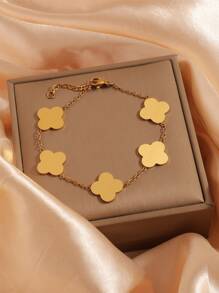 1 PC Of Personalized Light Luxury Design, Simple Stainless Steel Glossy Lucky Flower Bracelet, Suitable For Women's Daily Wear Valentines - Silver - View 9