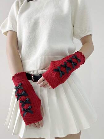1pair Women's Thick Knitted Red Gloves & Arm Warmers With Y2k Elements & Multiple Bow Decorations, Suitable For Warmth/going Out/dating/party/christmas Etc. In Autumn And Winter