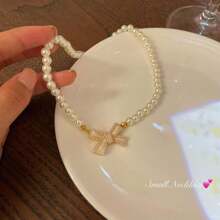 Ngọc trai Giả Bowknot Dây chuyền Đối với phụ nữ 2023 Mới Xương quai xanh Chuỗi Thiết kế độc nhất Retro Phụ kiện Cái cổ Chuỗi - Vàng - Xem 9