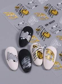 2张闪亮美甲贴纸，青铜色、金色、黑色线条和心形图案，3D立体贴纸，婚礼美甲，情人节美甲装饰，DIY美甲用品