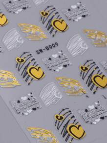 2张闪亮美甲贴纸，青铜色、金色、黑色线条和心形图案，3D立体贴纸，婚礼美甲，情人节美甲装饰，DIY美甲用品