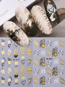 2张闪亮美甲贴纸，青铜色、金色、黑色线条和心形图案，3D立体贴纸，婚礼美甲，情人节美甲装饰，DIY美甲用品