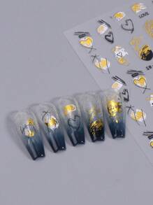 2张闪亮美甲贴纸，青铜色、金色、黑色线条和心形图案，3D立体贴纸，婚礼美甲，情人节美甲装饰，DIY美甲用品