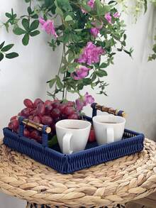 2 Piece Outdoor/Indoor Hand Woven PE Rattan Serving Tray With Faux Bamboo Handle - Navy Blue - View 1