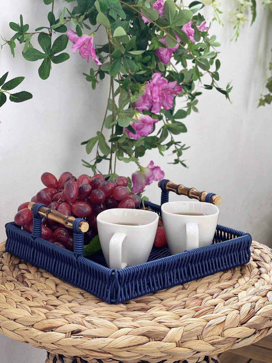 2 Piece Outdoor/Indoor Hand Woven PE Rattan Serving Tray With Faux Bamboo Handle - Navy Blue - View 1