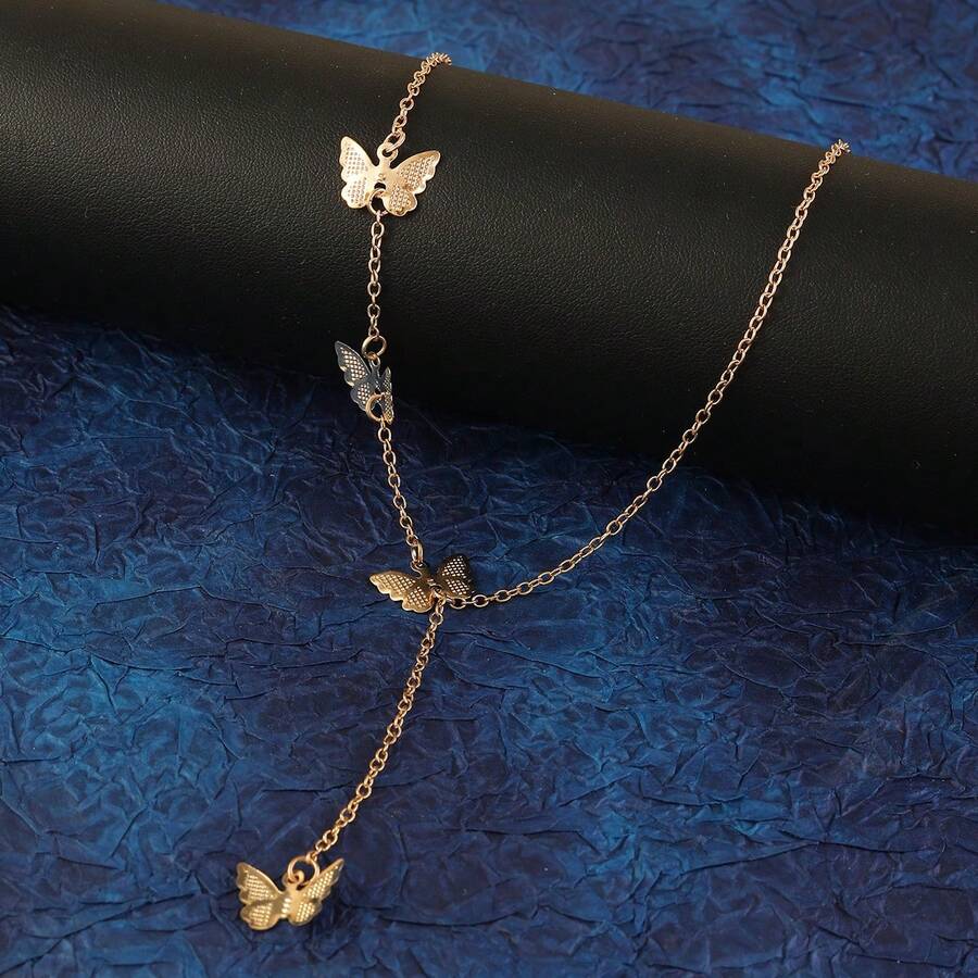 1個簡約而奢華的蝴蝶吊墜合金項鍊,鑲嵌鑽石和珍珠蝴蝶吊墜合金項鍊,適合女士用於工作、假期和作為閨蜜禮物 - 金黃色 - 查看 1