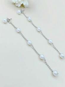 Faux Pearl Long Chain & Tassel Dangle Earrings