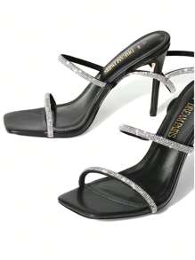 Women Stiletto Heeled Strappy Sandals, Rhinestone Decor Tie Leg Design Sandals, Glamorous Party Heeled Sandals For Summer Spring Wearing - Black - View 2