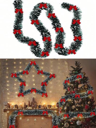 1pc Staircase Railing Christmas Wreath And Bowknot Garland For Christmas Indoor Outdoor Decoration With Dark Green And White Edge 2m Mini Flocking Bush And White Grass