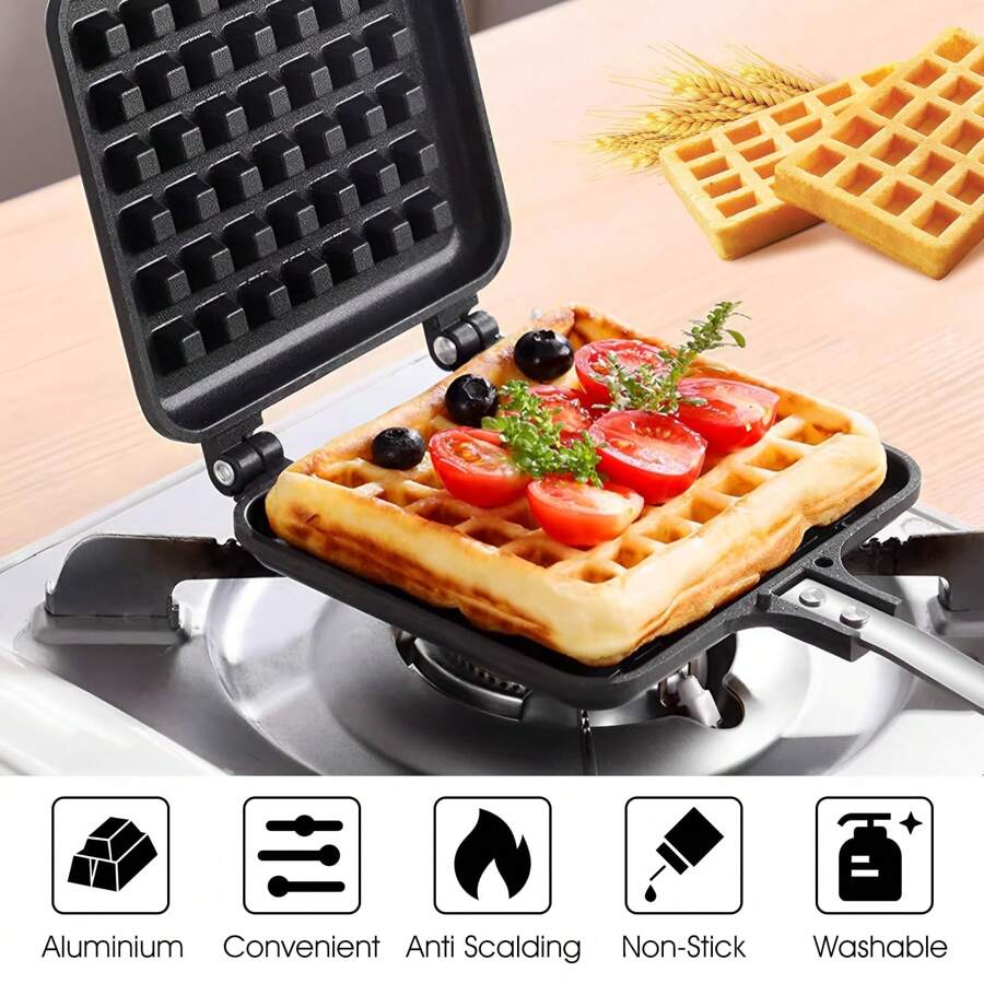 1 pieza Sartén aluminio waffle moderno para cocina,Molde Antiadherente de aleación de Aluminio, Placa Doble para Cocina casera - Negro - Ver 1