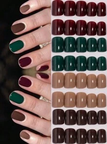 VV MEI JIA ER 96入組（櫻桃紅/深綠/棕色/裸色）四種單色光澤可穿戴美甲，可愛短方形假指甲，可脫式成品假指甲，可壓式貼紙指甲，配有收納盒作為女性和女孩子的新年禮物美甲用品供應