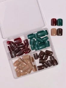 VV MEI JIA ER 96入組（櫻桃紅/深綠/棕色/裸色）四種單色光澤可穿戴美甲，可愛短方形假指甲，可脫式成品假指甲，可壓式貼紙指甲，配有收納盒作為女性和女孩子的新年禮物美甲用品供應