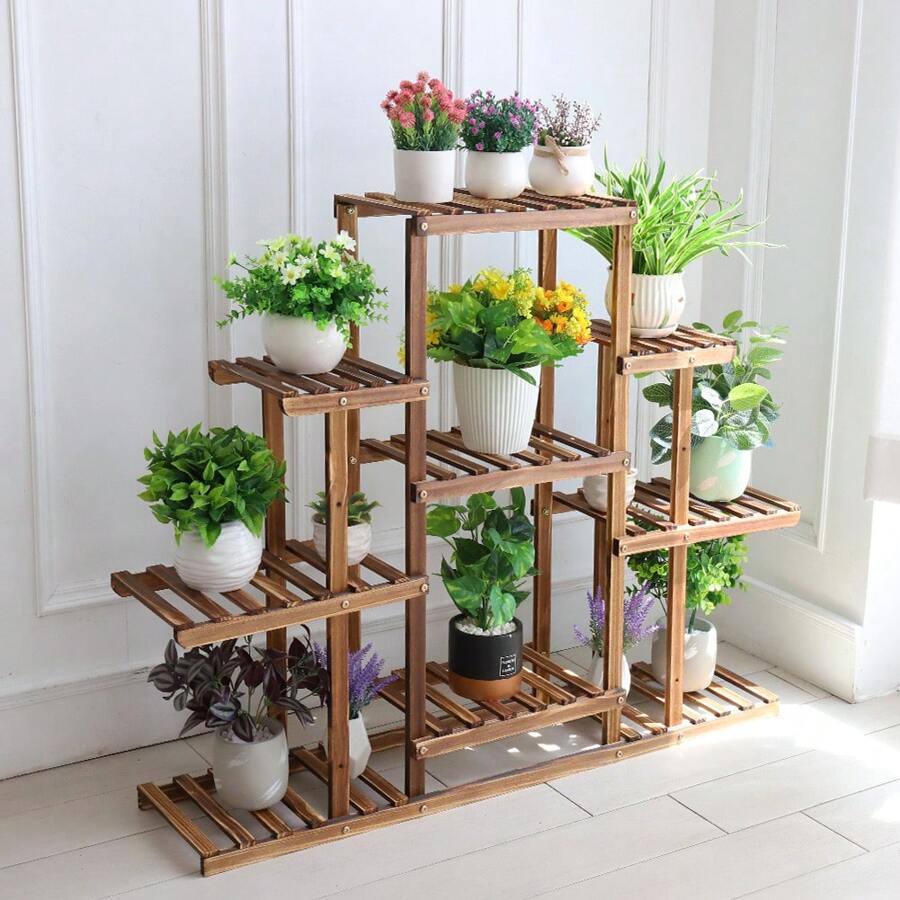 UNHO Plant Stand, Wooden Plant Shelf Indoor Plant Holder Flower Stand Outdoor Plant Rack Garden Display Ladder Planter Multi Plant Pot Holder 45.3"X9.8"X38" - màu nâu - Xem 1